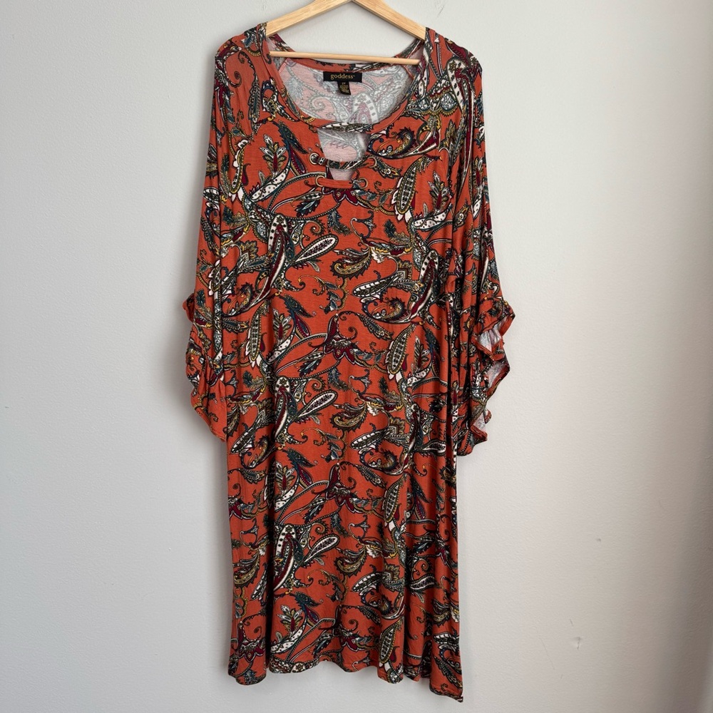 Goddess Dress Size 2X Rust Burnt Orange Paisley Print Bell Ruffle Fall Boho